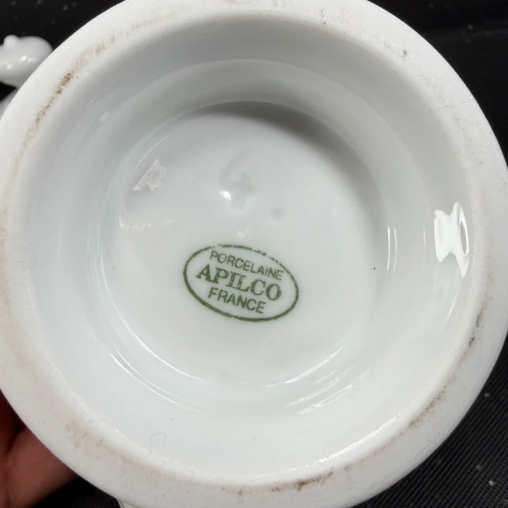 Apilco France White Porcelain Lion Head Dish w Lid Footed Bowl Container Jar